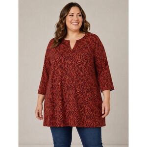 Ulla Popken Red Floral Paisley Split Neck Tunic Top 3/4 Sleeve US 32/34